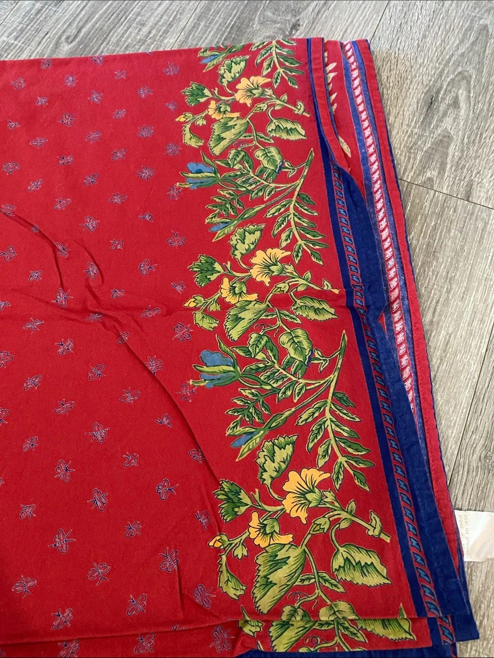 Vintage Williams Sonoma Provence Red Floral Border Tablecloth with Blue Trim